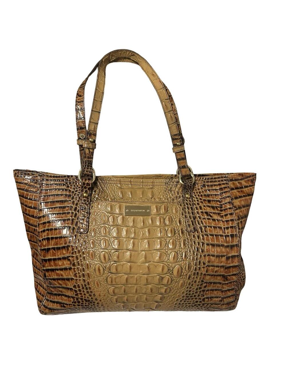 Brahmin Melbourne Croc Embossed Leather Tote Bag Tan Cognac Brown Shoulder Bag
